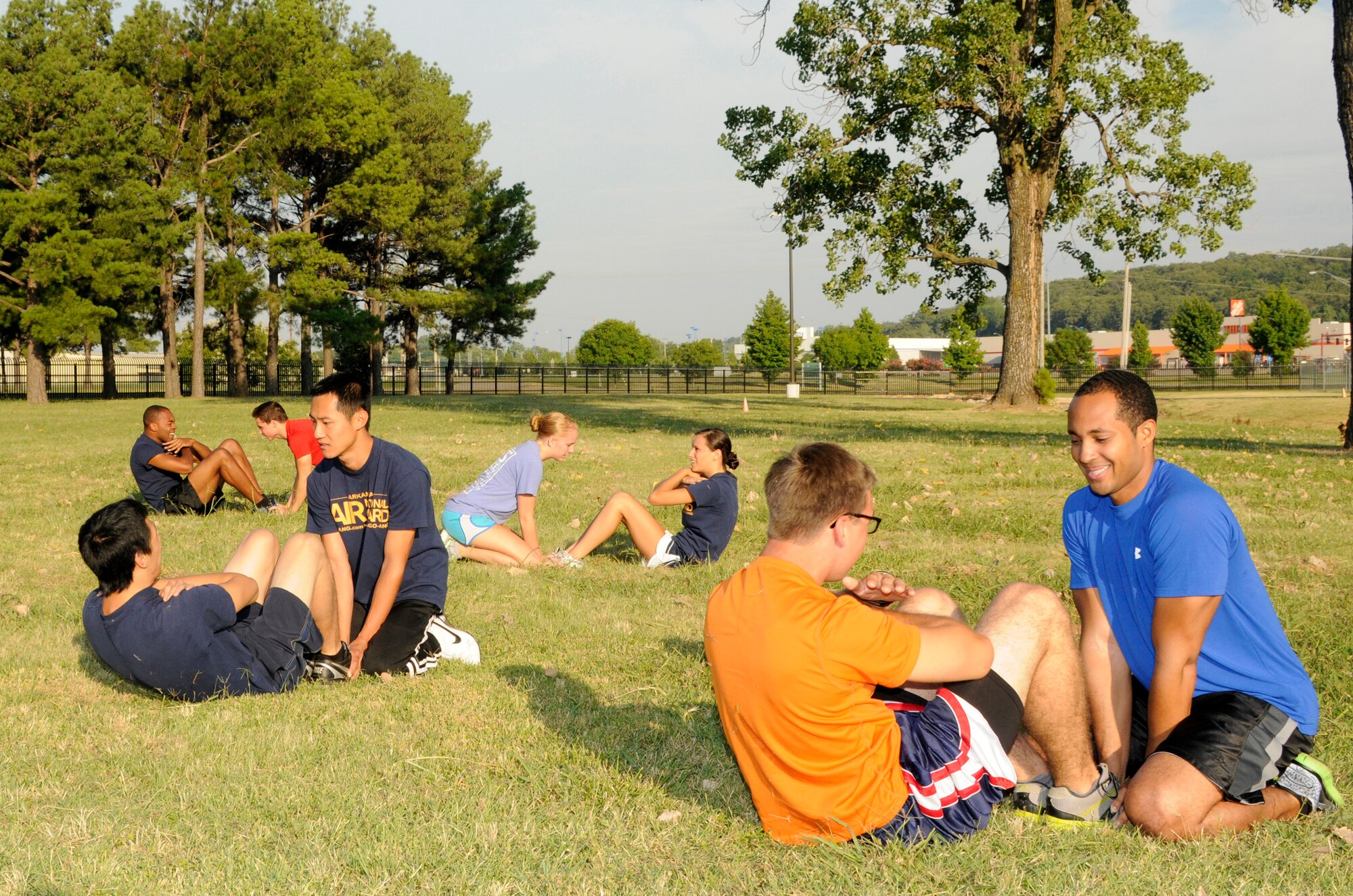 Members of the 188th Student Flight work out together in preparation for BMT. Ensuring trainiees are ready for PT is a key part of the student flight program. (U.S. Air National Guard photo by Airman 1st Class Cody Martin/188th Fighter Wing Public Affairs)