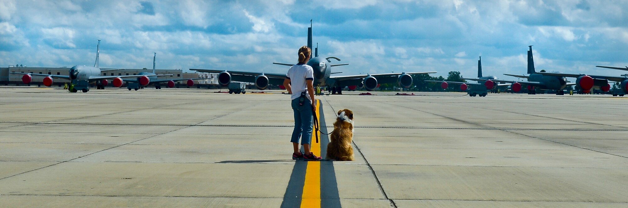 Lindsey Garven, ecologist and 6th Air Mobility Wing Bird/Wildlife Aircraft Strike Hazard manager, and her assistant Tango, a wildlife chasing border collie, survey the flightline at MacDill Air Force Base, Fla., Aug. 5, 2013. Garven and Tango are entrusted with ensuring the area on and around MacDill Air Force Base’s runways are free and clear of wildlife. (U.S. Air Force Photo by Staff Sgt. Brandon Shapiro/Released)