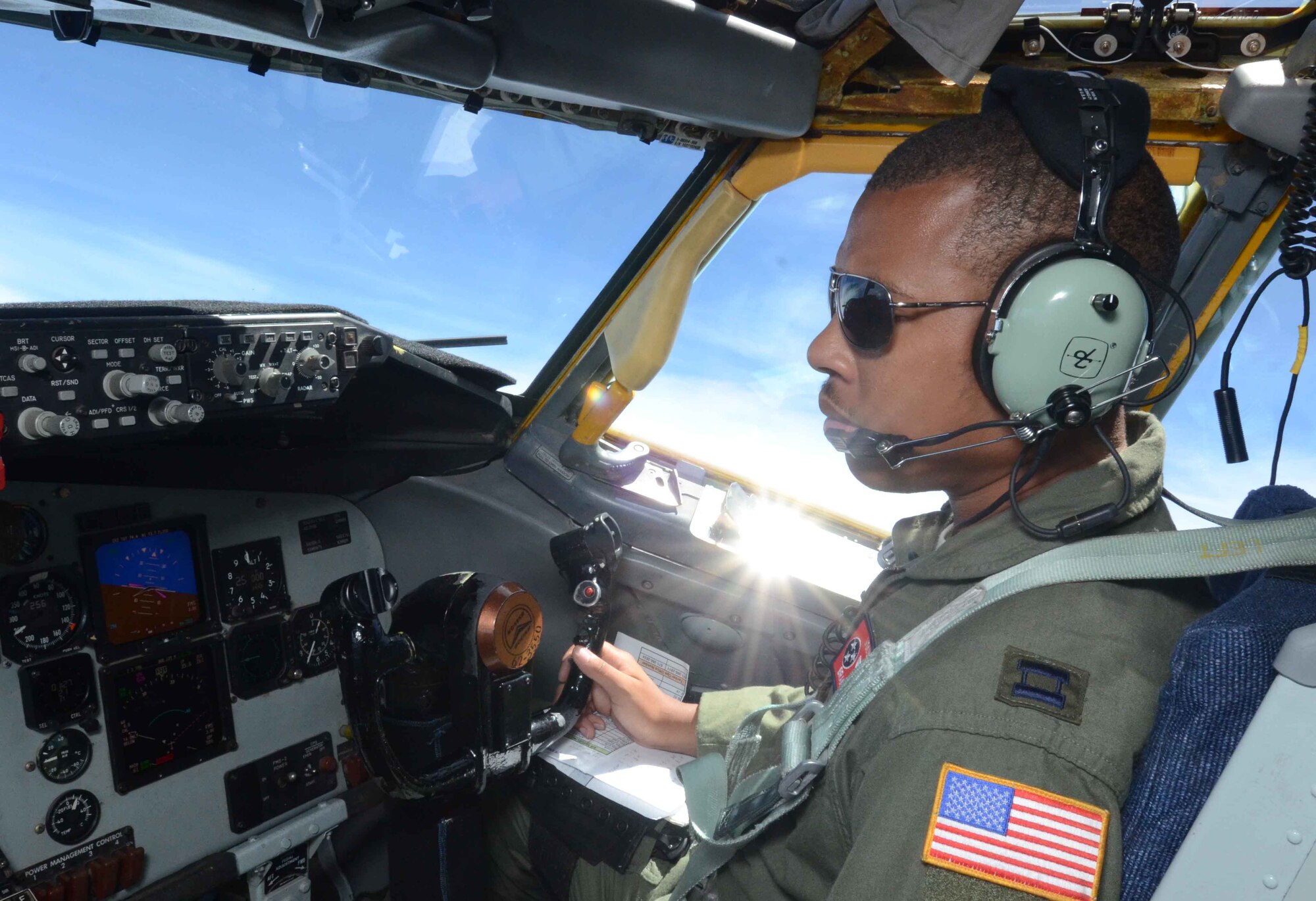 Capt. Brandon Hardin, 151st Air Refueling Squadron pilot, operates a KC-135 Stratotanker Aug. 14, 2013, near Andersen Air Force Base, Guam, as part of the 67th Fighter Squadron’s Aviation Training Relocation from Kadena Air Base, Japan, Aug. 14, 2013. Andersen was selected as the host base for the Aviation Training Relocation program by a joint Japan-U.S. committee because of the close proximity to Kadena and the less stringent flying regulations. (U.S. Air Force photo by Airman 1st Class Emily A. Bradley/Released)