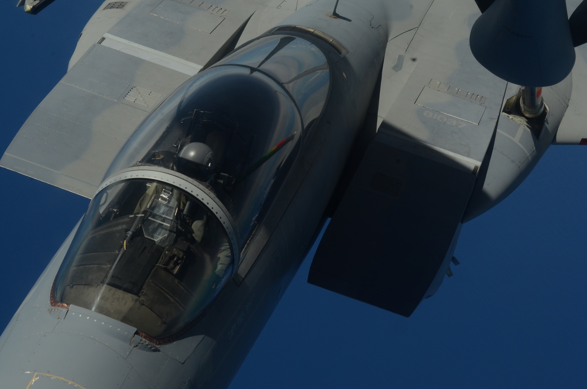 A KC-135 Stratotanker refuels an F-15 Eagle over the western Pacific Ocean near Andersen Air Force Base, Guam, as part of the 67th Fighter Squadron’s Aviation Training Relocation Aug. 14, 2013. Andersen was selected as the host base for the Aviation Training Relocation program by a joint Japan-U.S. committee because of the close proximity to Kadena Air Base, Japan, and the less stringent flying regulations. (U.S. Air Force photo by Airman 1st Class Emily A. Bradley/Released)