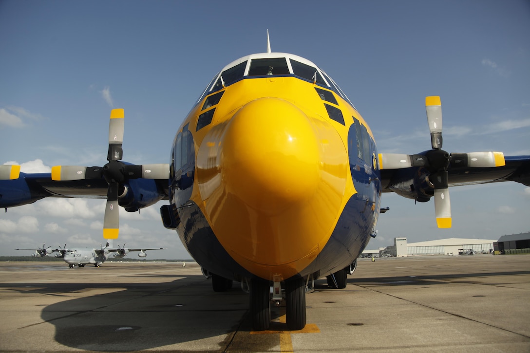 The Blue Angels’ Fat Albert, a KC-130J Hercules, rests on the flight line outside Marine Aerial Refueler Transport Squadron 252’s hangar aboard Cherry Point Tuesday. The Blue Angels sent the renowned aircraft to 2nd Marine Aircraft Wing’s Hercules squadron to receive scheduled annual maintenance. The Fat Albert team arrived in the first week of August and left the air station Aug 14. 