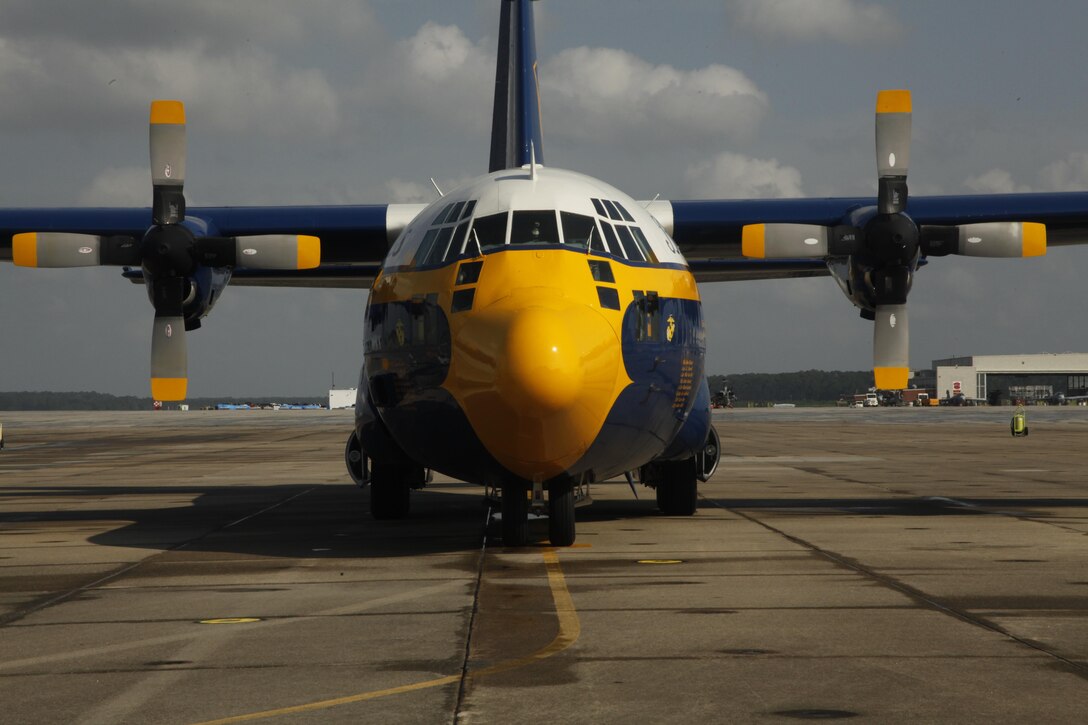 The Blue Angels’ Fat Albert, a KC-130J Hercules, rests on the flight line outside Marine Aerial Refueler Transport Squadron 252’s hangar aboard Cherry Point Tuesday. The Blue Angels sent the renowned aircraft to 2nd Marine Aircraft Wing’s Hercules squadron to receive scheduled annual maintenance. The Fat Albert team arrived in the first week of August and left the air station Aug 14. 