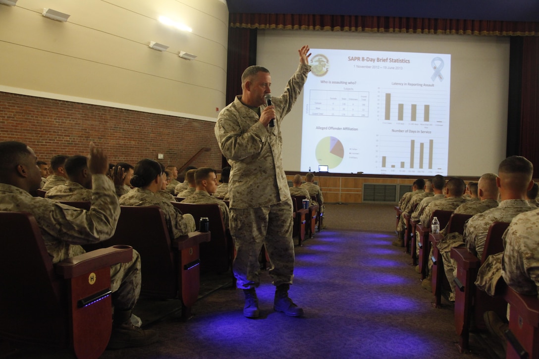 Col. Robert Sofge, commanding officer of Marine Aircraft Group 14, talks to Marines and Sailors about the importance of preventing sexual assault at the Cherry Point theater Aug. 15. The training gave Sofge a chance to look his service members in the eyes and personally relay his and the Marine Corps’ views on sexual assault. Sofge wanted the service members to walk away from the training with two specific details in mind. First, if a Marine is a victim of a sexual assault, they must have the moral courage and trust in their chain of command to come forward. Second, Marines and Sailors must step up and eliminate sexual assault within all ranks of the Marine Corps. Defense Secretary Chuck Hagel announced seven new initiatives to strengthen and standardize the department’s sexual assault prevention and response effort Aug. 15. In a memo to the field, Hagel called elimination of sexual assault in the military one of the department’s top priorities.

