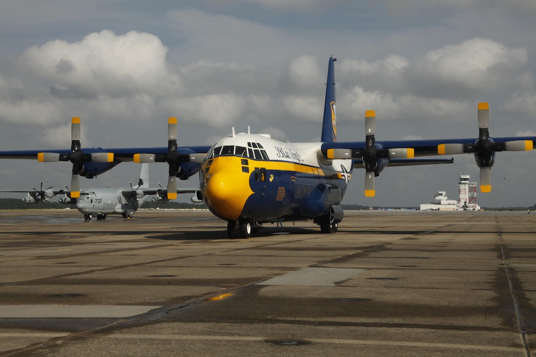 The Blue Angels’ Fat Albert, a KC-130J Hercules, rests on the flight line outside Marine Aerial Refueler Transport Squadron 252’s hangar aboard Cherry Point Tuesday. The Blue Angels sent the renowned aircraft to 2nd Marine Aircraft Wing’s Hercules squadron to receive scheduled annual maintenance. The Fat Albert team arrived in the first week of August and left the air station Aug 14. 
