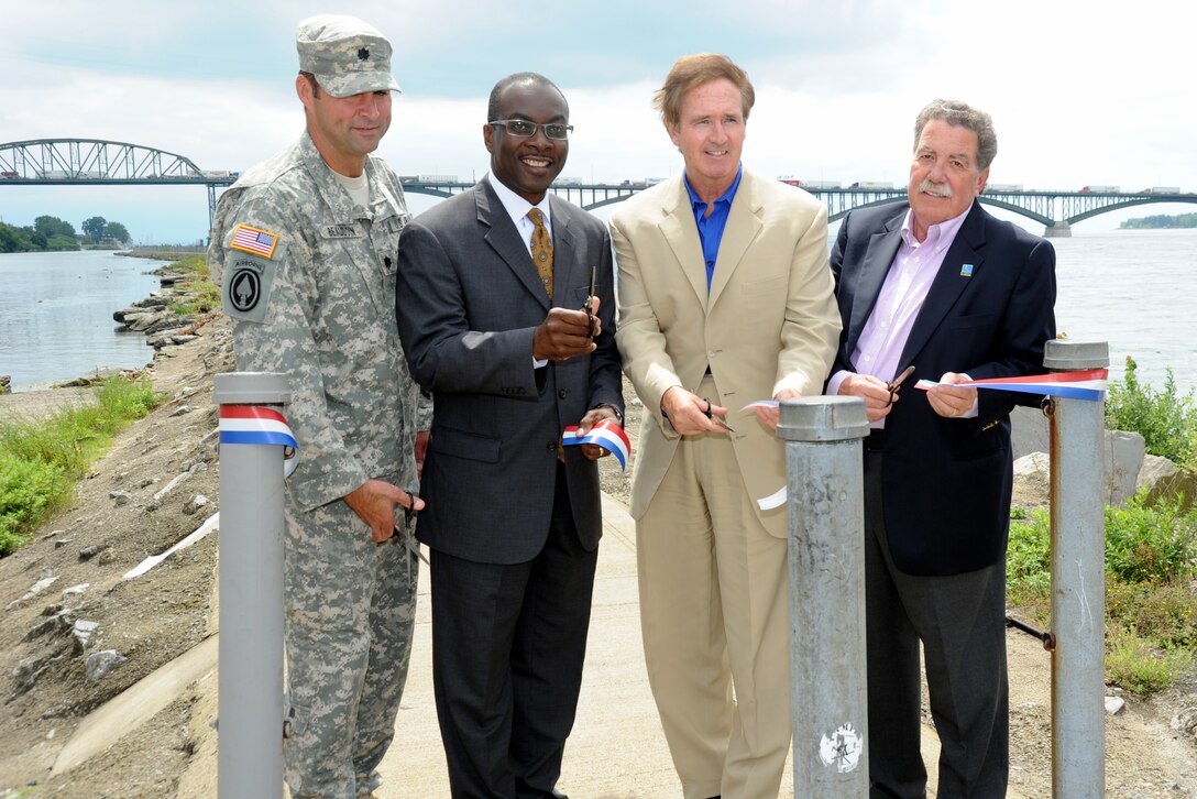 Congressman Brian Higgins, Buffalo Mayor Byron Brown, Buffalo District Commander Lt. Col. Owen Beaudoin and Niagara Greenway Executive Director Rob Beleu gathered at the Bird Island Pier on August 13, 2013 for a ribbon cutting ceremony to announce the official reopening of the pier.