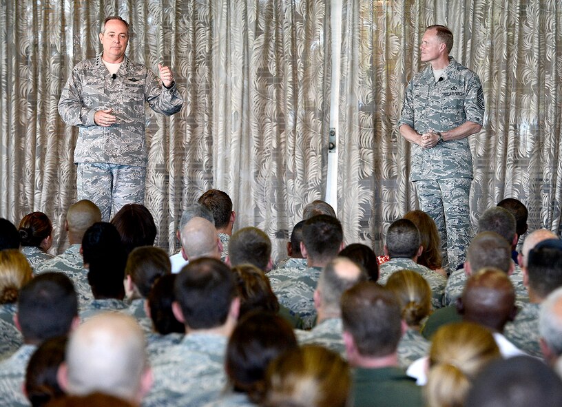Air Force Chief of Staff Gen. Mark A. Welsh III and Chief Master Sgt. of the Air Force James A. Cody speak at an Airman's call during thier visit to Joint Base Pearl Harbor-Hickam, Aug. 19, 2013. This was the first stop of a multi-day tour to the Pacific, Welsh's first visit to the region as Air Force chief of staff. Welsh and Cody were accmpanied by their spouses, Betty and Athena; together they met with Airmen and their families to thank them for their service and dedication, and to discuss challenges and opportunities in the Pacific theater.  (U.S. Air Force photo/Scott M. Ash)