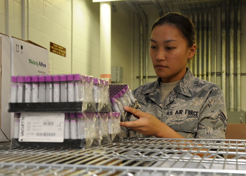 Senior Airman Evalin Zhao, 2nd Medical Logistics Squadron medical logistics technician, takes inventory of blood draw vials on Barksdale Air Force Base, La., Aug. 21, 2013. Inventory is conducted on every piece of equipment coming to the warehouse to keep track of incoming and outgoing supplies. (U.S. Air Force photo/Airman 1st Class Andrew Moua)