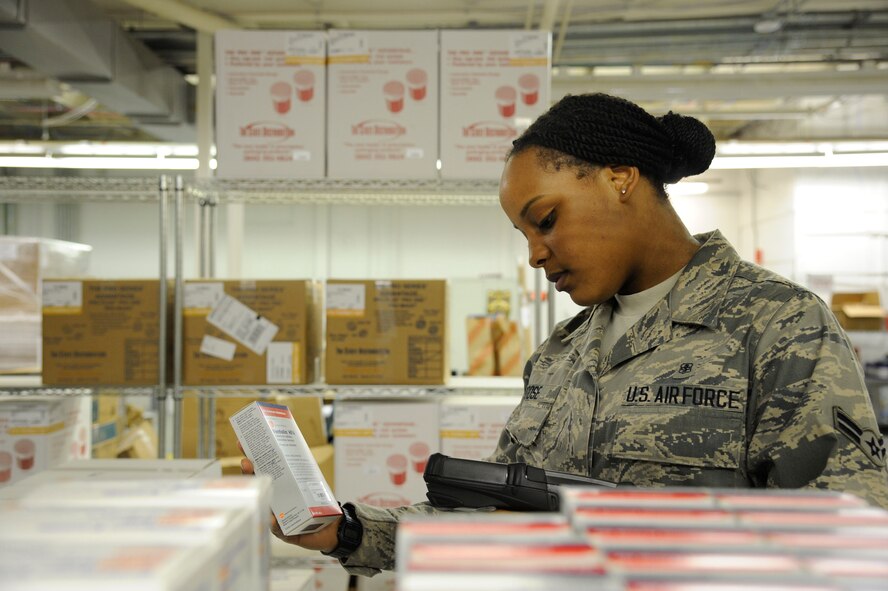 Airman 1st Class Alyssa Boose, 2nd Medical Support Squadron medical logistics technician, takes inventory of pharmaceutical supplies on Barksdale Air Force Base, La., Aug.21, 2013. The medical logistics warehouse has everything the medical clinic needs from office supplies, pharmaceuticals, first aid kits and dental chairs to keep Barksdale's Airmen healthy and mission ready. (U.S. Air Force photo/Airman 1st Class Andrew Moua)