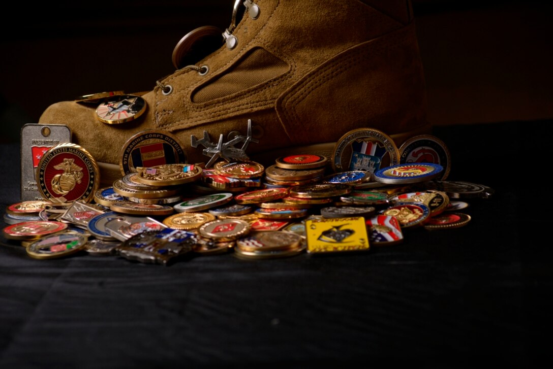 Challenge coins collected from active
and retired service members on Marine
Corps Logistics Base Barstow, Calif.
The challenge coin has represented esprit
de corps and has been part of military
tradition for decades.