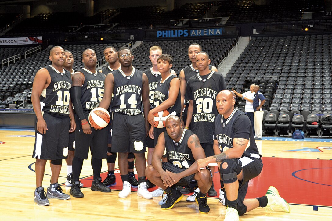 Marine Corps Logistics Base Albany team participates in the Atlanta Dream WomenÕs National Basketball Association Heroes Night basketball tournament, Aug. 11, at Phillips Arena in Atlanta, Ga.