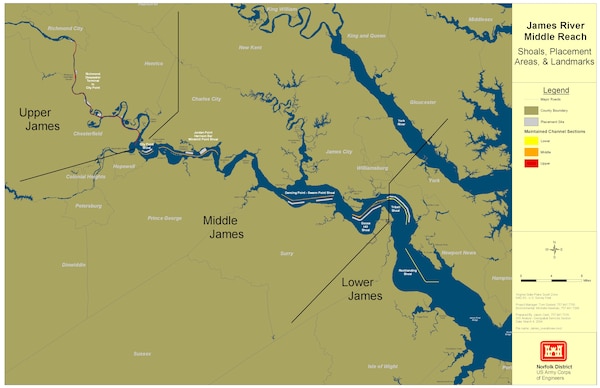 Originally authorized by the River and Harbor Act of July 5, 1884, the James River Federal Navigation Project is maintained to 25-feet-deep from the mouth of the river up to Richmond, Va. (U.S. Army graphic) 