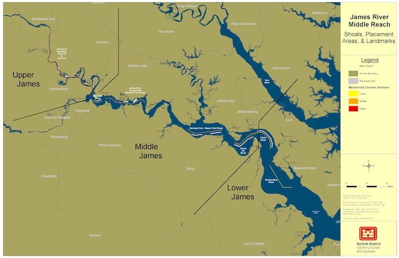 Originally authorized by the River and Harbor Act of July 5, 1884, the James River Federal Navigation Project is maintained to 25-feet-deep from the mouth of the river up to Richmond, Va. (U.S. Army graphic) 