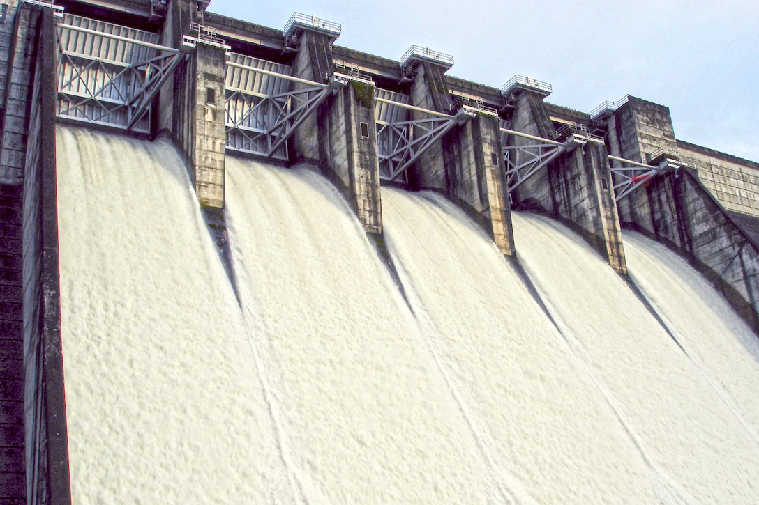 Stock image of water spilling at Lookout Point Dam.