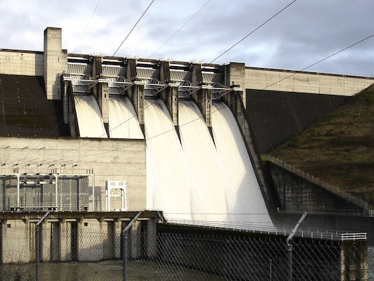 Stock image of water spilling at Lookout Point Dam.