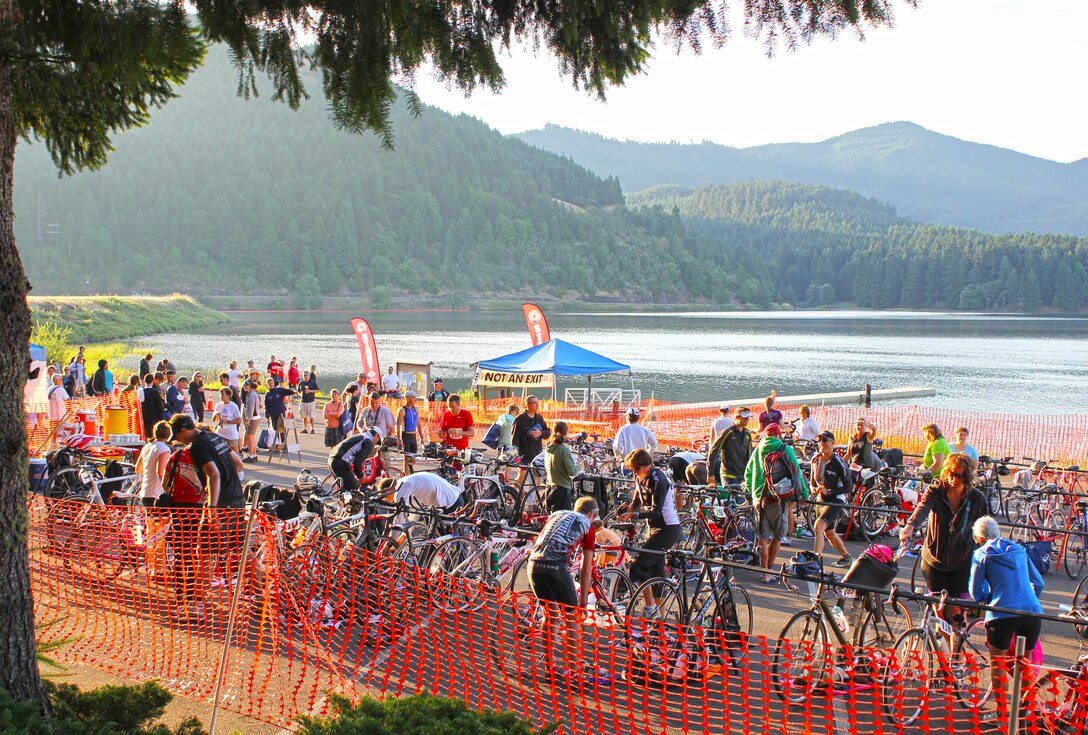 The Lakeside Park boat ramp at Cottage Grove Lake serves as a staging area for the annual “Tri at the Grove” triathlon.