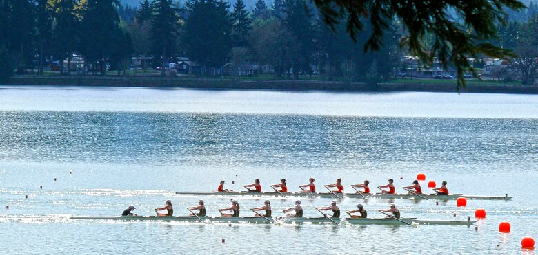 Rowers on Dexter Lake: The buoyed race courses and beautiful scenery make Dexter Lake a premier rowing location in the Northwest.