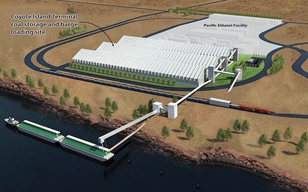 Rendering of the Coyote Island Terminal coal storage and barge loading site, courtesy of MorrowPacific / Port of Morrow.