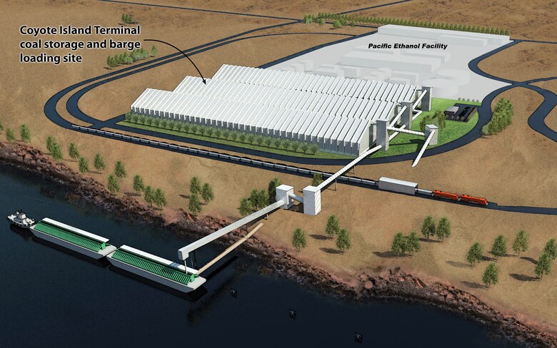 Rendering of the Coyote Island Terminal coal storage and barge loading site, courtesy of MorrowPacific / Port of Morrow.