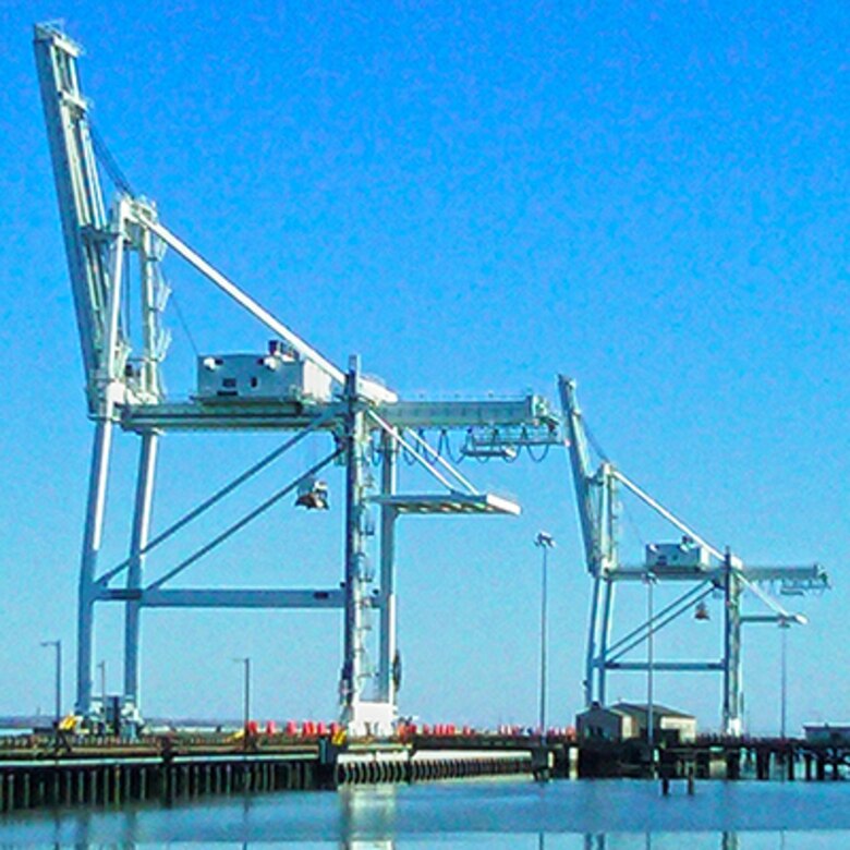 Two giant gantry cranes stand in wait at Military Ocean Terminal, Concord, Calif., Pier 3, the U.S. Army’s primary West Coast  distribution point for ordinance and ammunition.

The Portland District Office of Dive/ROV Operations and Safety led the Corps’ underwater execution of MOTCO’s pier inspections.