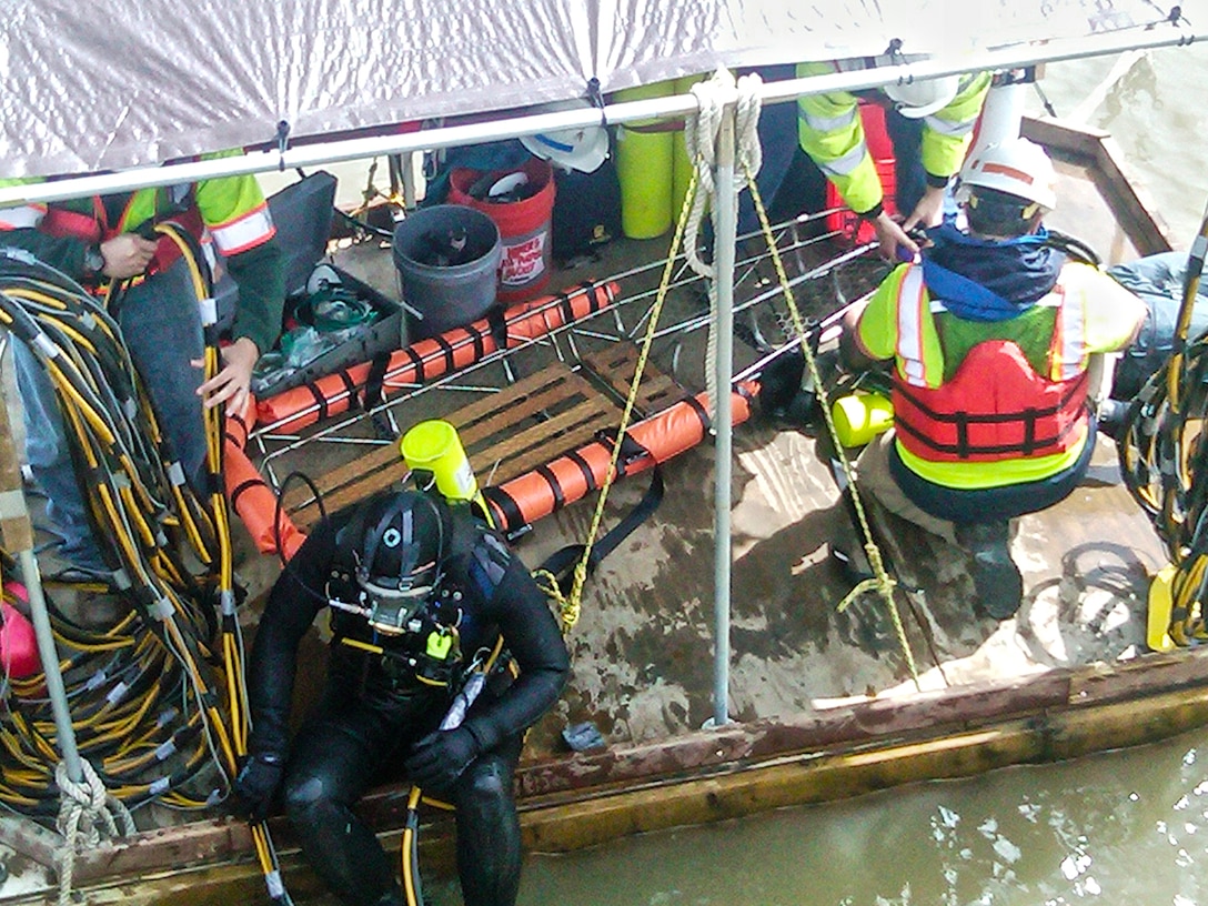 Through four cross-country mobilizations to MOTCO, the seven-person dive team utilized a surface-supplied SCUBA methodology to dive 95 times within nine weeks -- using 190 tanks of air to perform 285 hours of underwater work.

The Portland District Office of Dive/ROV Operations and Safety led the Corps’ underwater execution of MOTCO’s pier inspections.