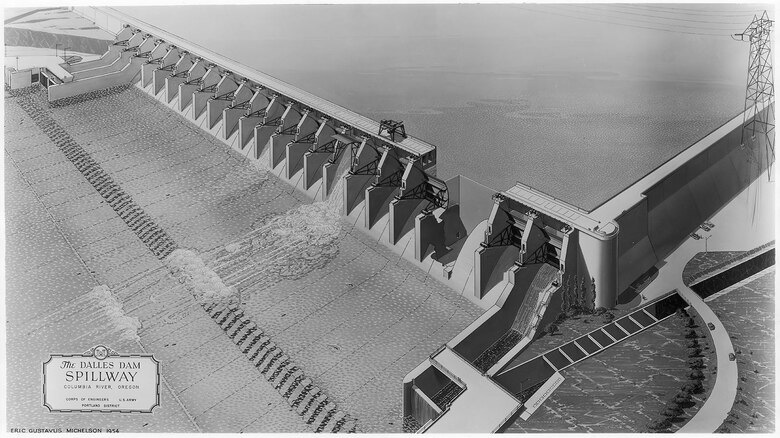 Rendering of The Dalles Dam Spillway, Columbia River, Oregon, 1954