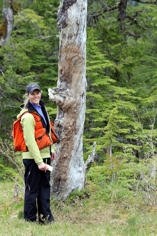 Linda Speerstra, project manager in the Regulatory Division at the U.S. Army Corps of Engineers – Alaska District, poses for a picture while on a site visit delineating wetlands near Sitka, Alaska.