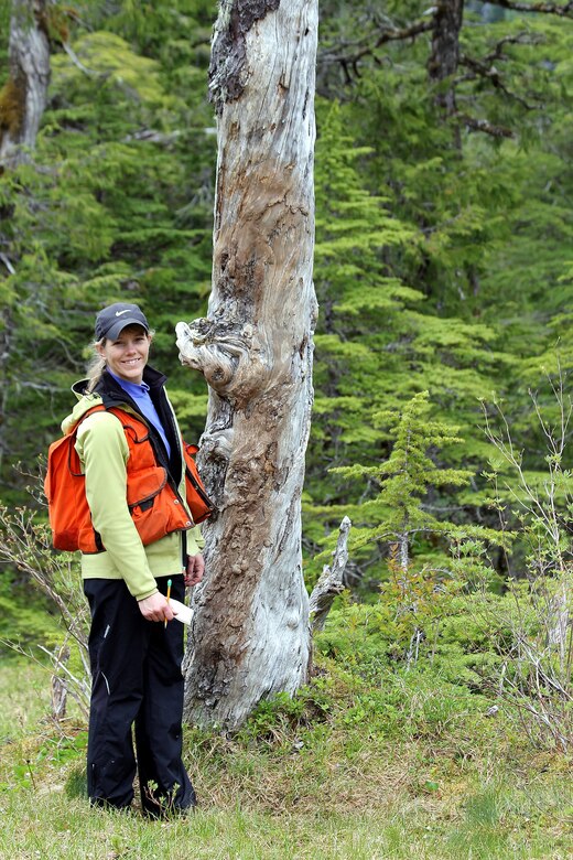 Linda Speerstra, project manager in the Regulatory Division at the U.S. Army Corps of Engineers – Alaska District, poses for a picture while on a site visit delineating wetlands near Sitka, Alaska.