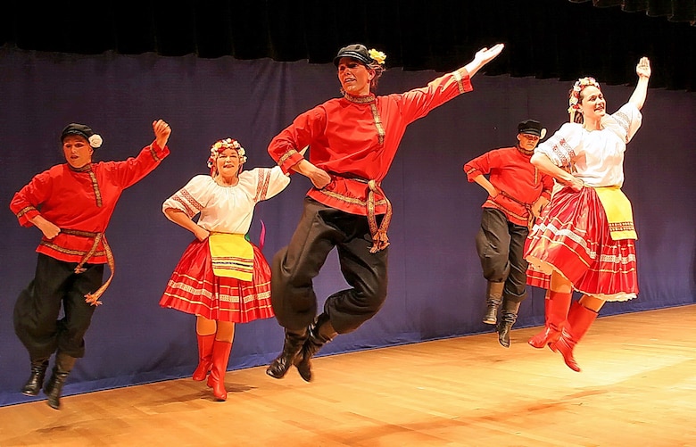 The New Archangel Dancers perform the dance “Vyesolaya Kadril.” Speerstra, center, is the dance director and chairman of the board overseeing the ensemble’s every step. 