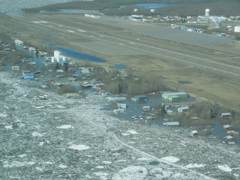 This northwest overhead view of Galena shows the ring levee and airfield the day the ice jam waters peaked on the Yukon River May 29. 