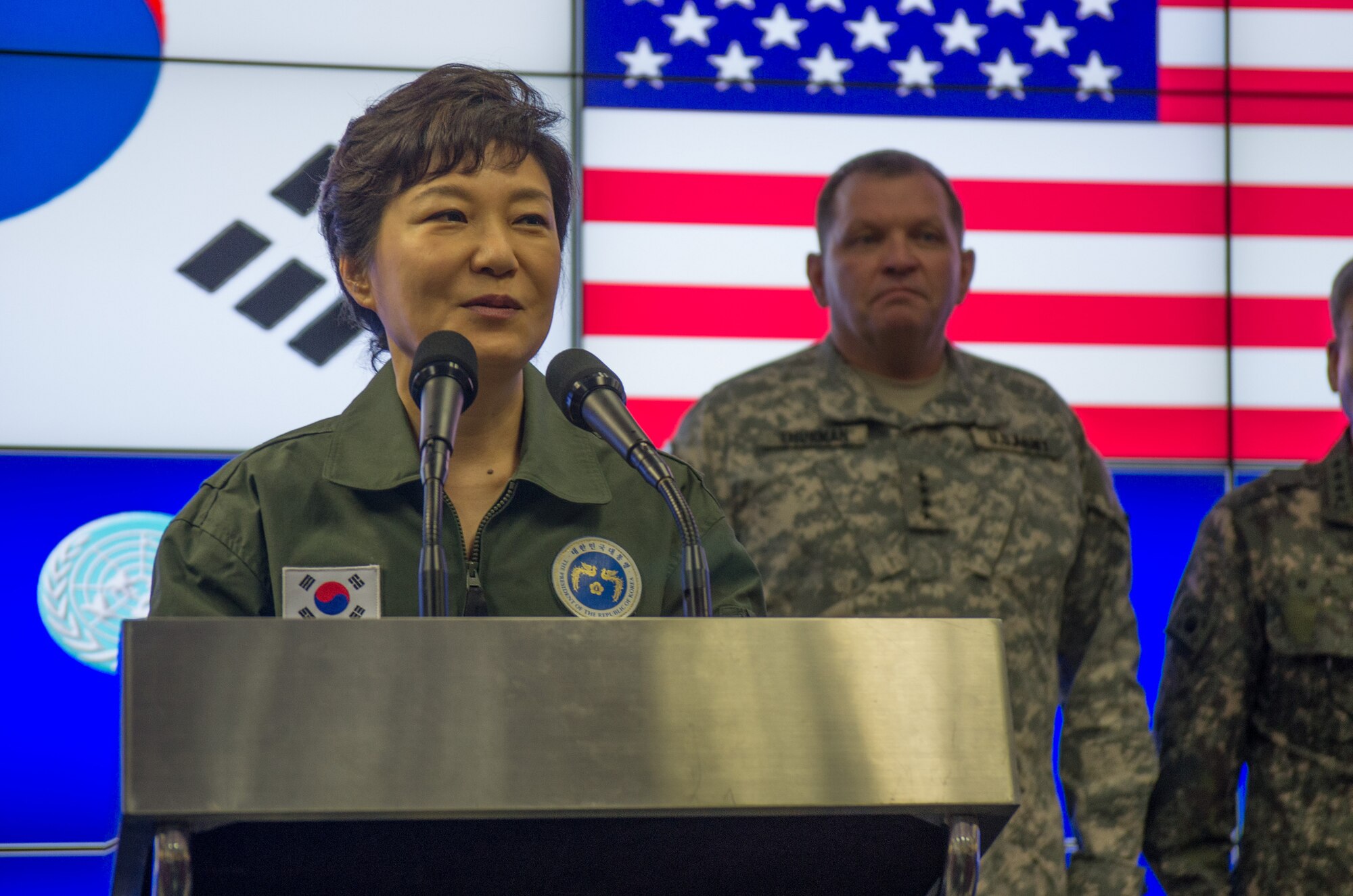 SEOUL, South Korea - Republic of Korea President Park Geun-Hye addresses U.S., ROK and United Nations Sending States service members and civilians Aug. 22 at CP Tango participating in Ulchi Freedom Guardian, an annual computer-simulation command post exercise led by the ROK – US Combined Forces Command. Nearly 30,000 U.S. service members stationed in Korea, along with approximately 3,000 coming from off-peninsula, are participating in the exercise with military, civil and government personnel from the Republic of Korea, and personnel from the United Nations Command Sending States of Australia, Canada, Denmark, France, Netherlands, New Zealand, Norway and the United Kingdom. (Photo by Sgt. Brian Gibbons, USFK/PAO)