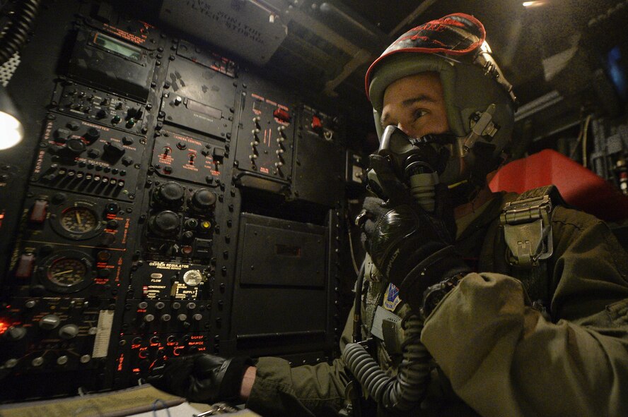 Capt. Greg Lepper, 96th Bomb Squadron B-52H Stratofortress navigator, checks the instruments while flying in Green Flag-East over Fort Polk, La., Aug. 21, 2013. GF-E is a realistic air-land integration combat training exercise meant to replicate deployed warfare conditions. Lepper's hometown is Orange County, Calif. (U.S. Air Force photo/Staff Sgt. Jonathan Snyder)