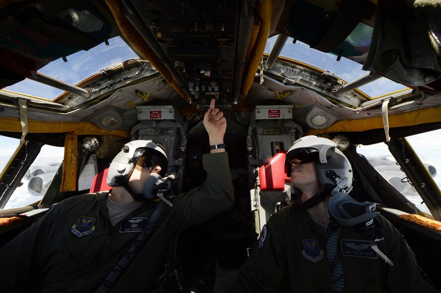 1st Lt. Reed Elsbernd, left, and Capt. Matthew Gray, right, 20th Bomb Squadron B-52H Stratofortress pilots, fly during a Green Flag-East training mission over Fort. Polk, La., Aug. 21, 2013. The B-52 is capable of flying at high subsonic speeds at altitudes up to 50,000 feet. It can carry a variety of weapons including nuclear and precision guided conventional ordnance with worldwide precision navigation capability. Gray's hometown is Fort Thomas, Ky. and Elsbernd's hometown is Macon, Ga. (U.S. Air Force photo/Staff Sgt. Jonathan Snyder)
