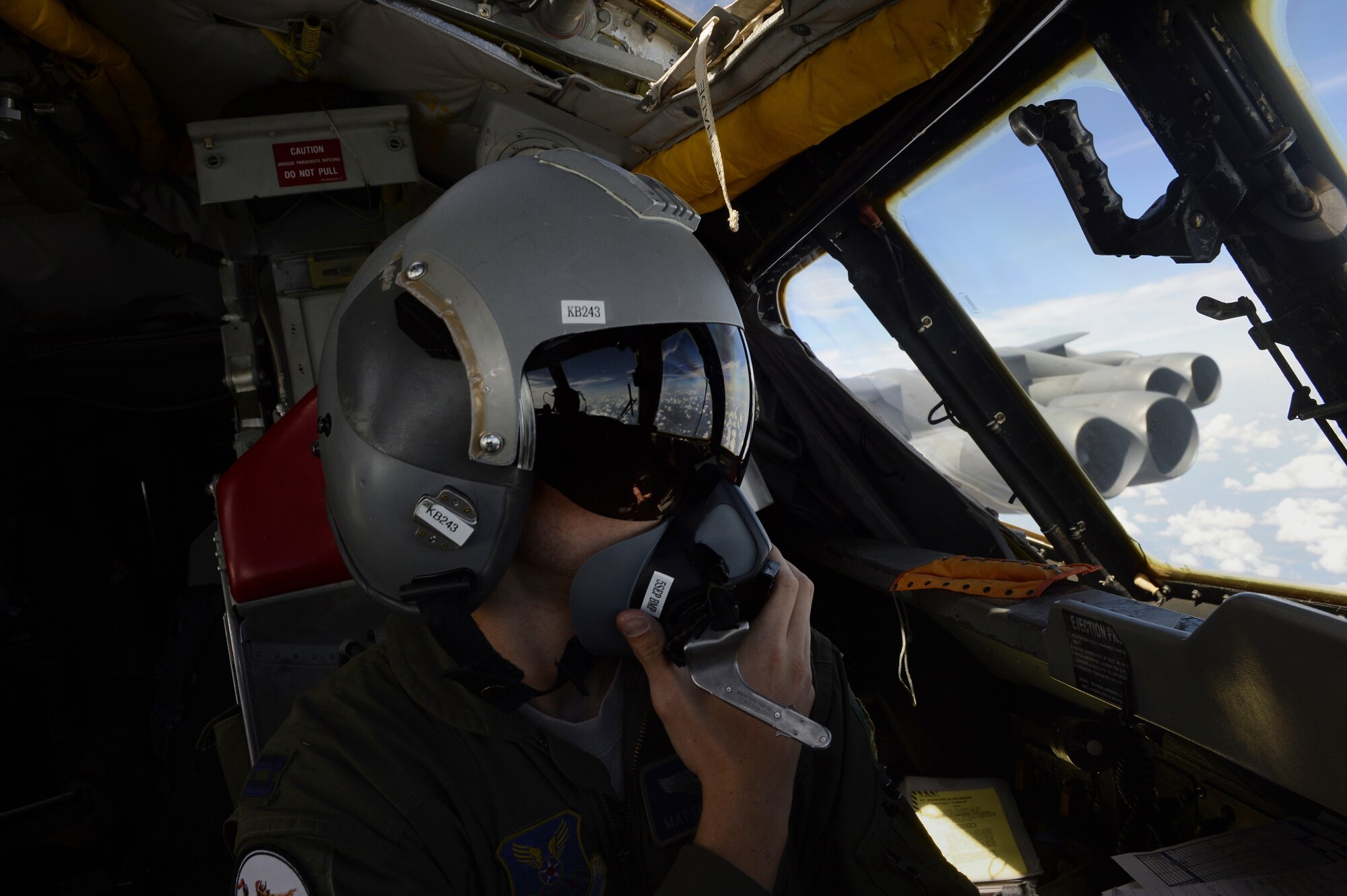 Capt. Matthew Gray, 20th Bomb Squadron B-52H Stratofortress pilot, flies during a Green Flag-East training mission over Fort Polk, La., Aug. 21, 2013. GF-E is a realistic air-land integration combat training exercise meant to replicate deployed warfare conditions. Gray's hometown is Fort Thomas, Ky. (U.S. Air Force photo/Staff Sgt. Jonathan Snyder)