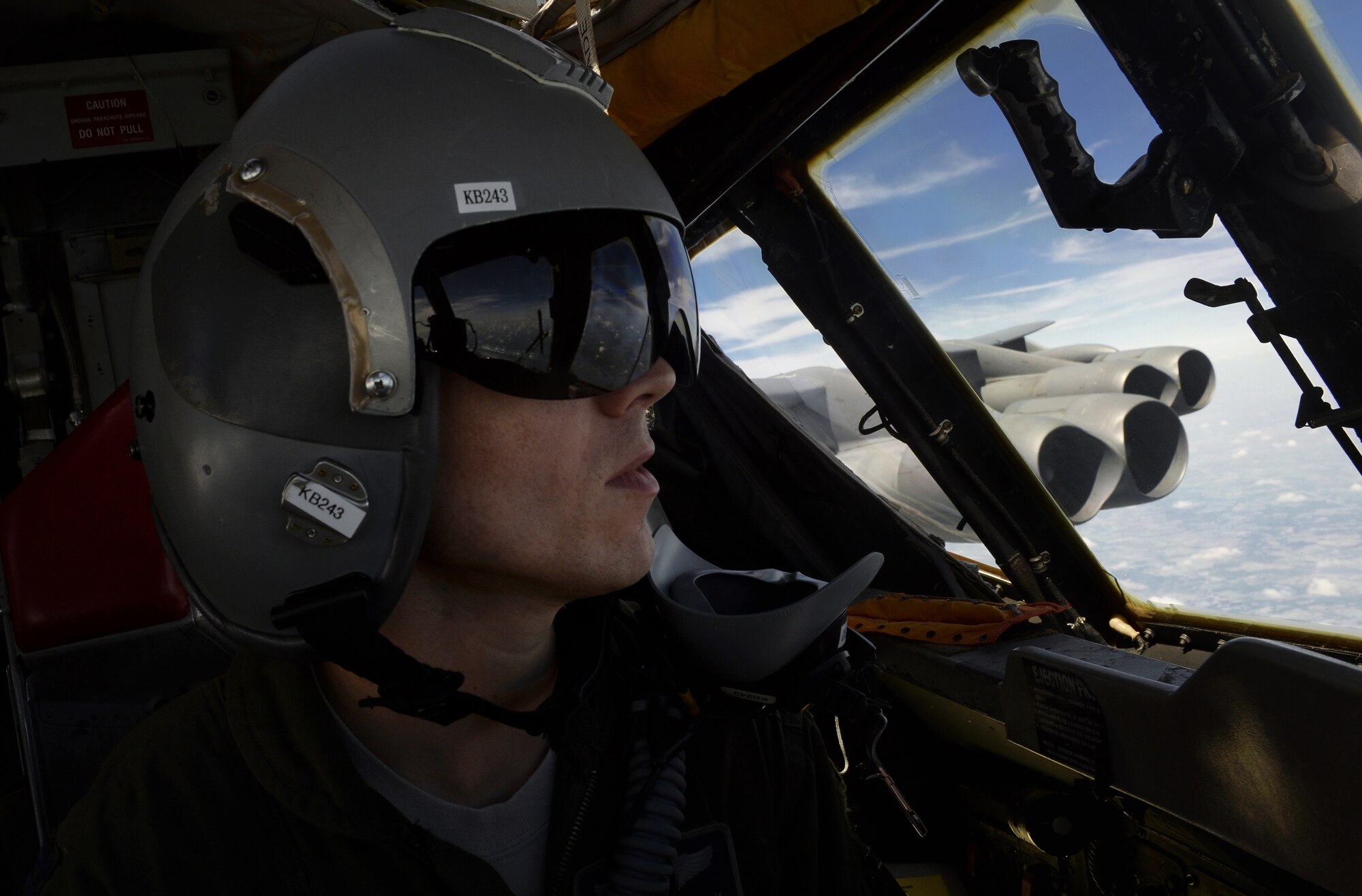 Capt. Matthew Gray, 20th Bomb Squadron B-52H Stratofortress pilot, flies during a Green Flag-East training mission over Fort Polk, La., Aug. 21, 2013. The B-52 is capable of flying at high subsonic speeds at altitudes up to 50,000 feet. It can carry a variety of weapons including nuclear and precision guided conventional ordnance with worldwide precision navigation capability. Gray's hometown is Fort Thomas, Ky. (U.S. Air Force photo/Staff Sgt. Jonathan Snyder)