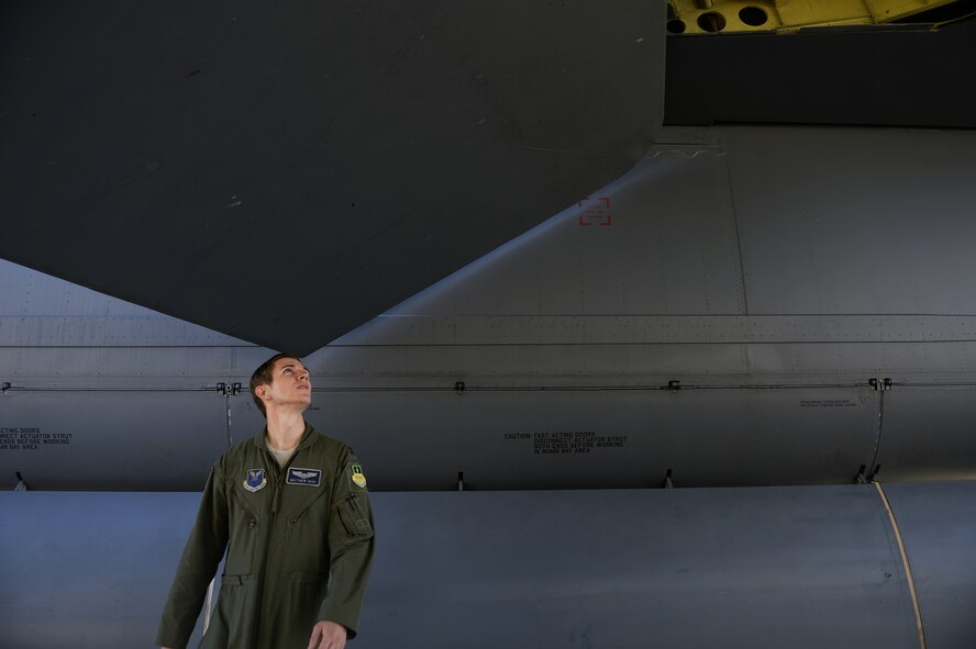 Capt. Matthew Gray, 20th Bomb Squadron B-52H Stratofortress pilot, conducts a pre-flight inspection during Green Flag-East on Barksdale Air Force Base, La., Aug. 21, 2013. The B-52 is capable of flying at high subsonic speeds at altitudes up to 50,000 feet. It can carry a variety of weapons including nuclear and precision guided conventional ordnance with worldwide precision navigation capability. Gray's hometown is Fort Thomas, Ky. (U.S. Air Force photo/Staff Sgt. Jonathan Snyder)