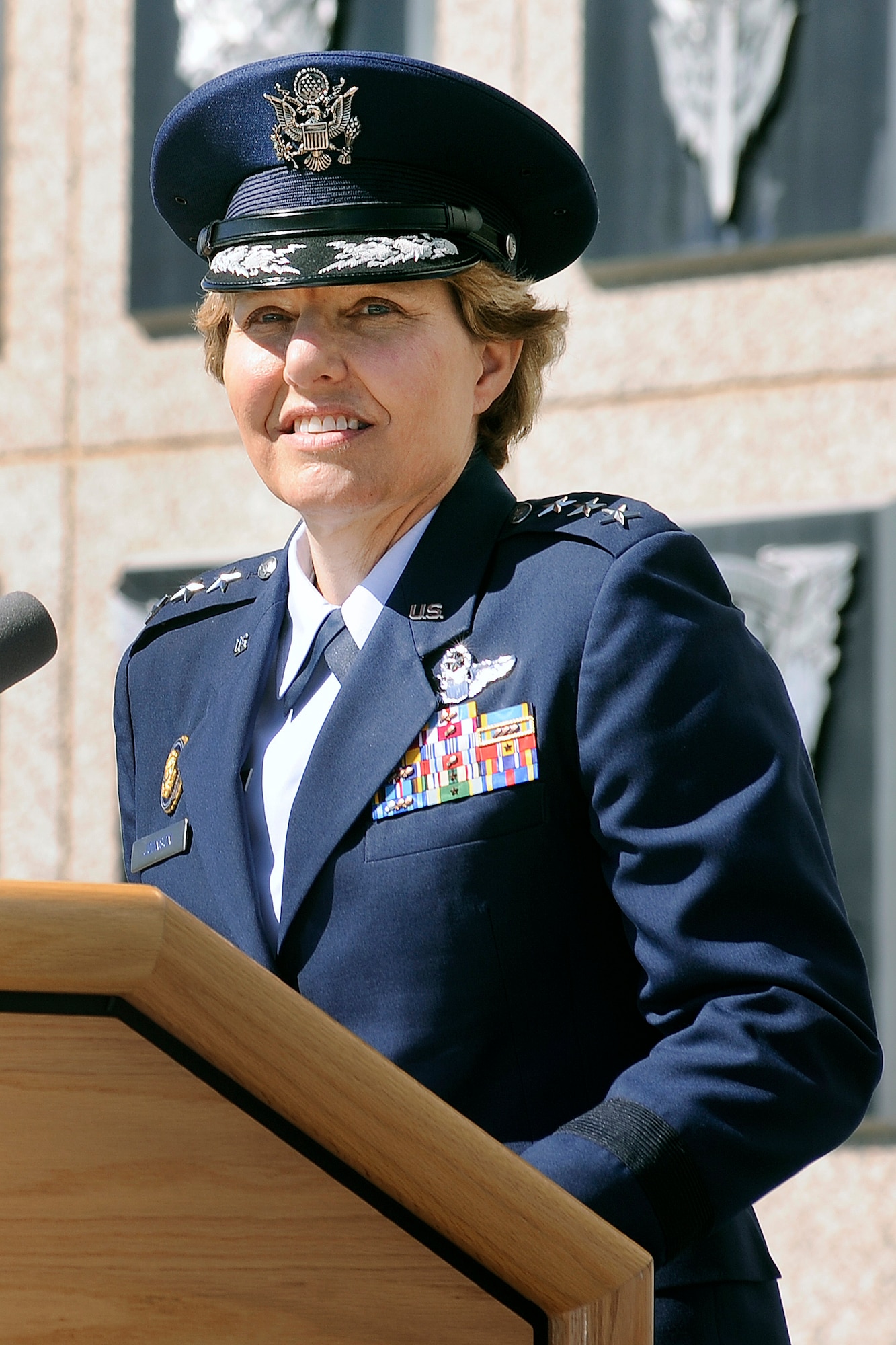 Academy Superintendent Lt. Gen. Michelle Johnson speaks at the Academy change of command ceremony Aug. 12.  Johnson, a 1981 Academy graduate, said a sense of humility has helped her succeed throughout her career. (U.S. Air Force Photo/Sarah Chambers)
