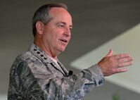 Air Force Chief of Staff Gen. Mark A. Welsh III addresses Pacific Air Forces Airmen at the Officer’s Club, Joint Base Pearl Harbor-Hickam, Hawaii, Aug. 19, 2013. At the Airman’s Call, Welsh praised Airmen for their contributions to the Air Force mission. (U.S. Air Force photo/Tech. Sgt. Jerome S. Tayborn)