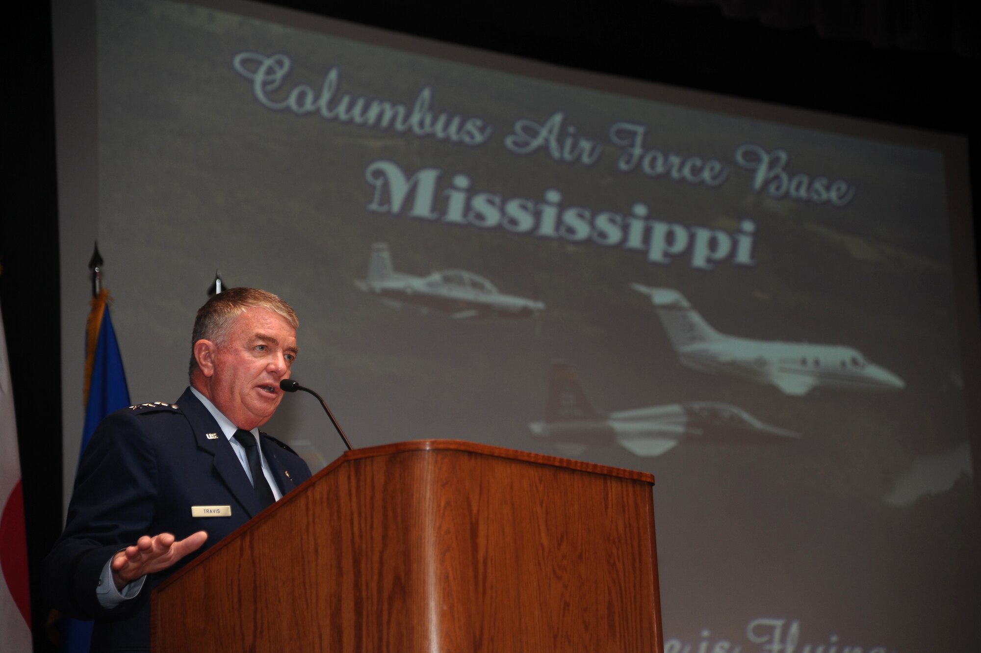 Lt. Gen. (Dr.) Thomas Travis, Air Force Surgeon General spoke to the members of Specialized Undergraduate Pilot Training Class 13-13 during their graduation Aug. 16 in the Kaye Auditorium.  Travis began his career as a F-4 pilot who later transitioned into a pilot physician flying the F-15 and F-16 for more than 1,800 combined flying hours.  (U.S. Air Force Photo/Airman 1st Class Charles Dickens)