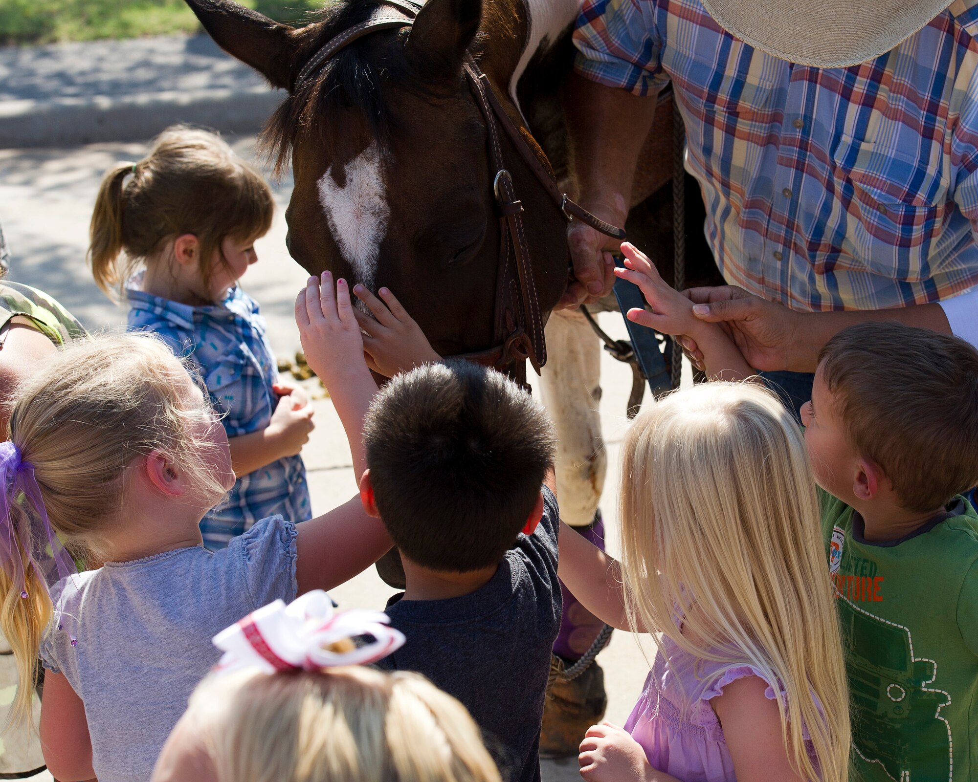 ALTUS AIR FORCE BASE, Okla. -- Children from Rivers Elementary School pet a horse during the annual Cattle Drive on base, Aug. 22. The cattle drive has been a tradition at Altus AFB since 1999 represents a continued friendship between the base and local community. (U.S. Air Force photo by Senior Airman Kenneth W. Norman / Released)