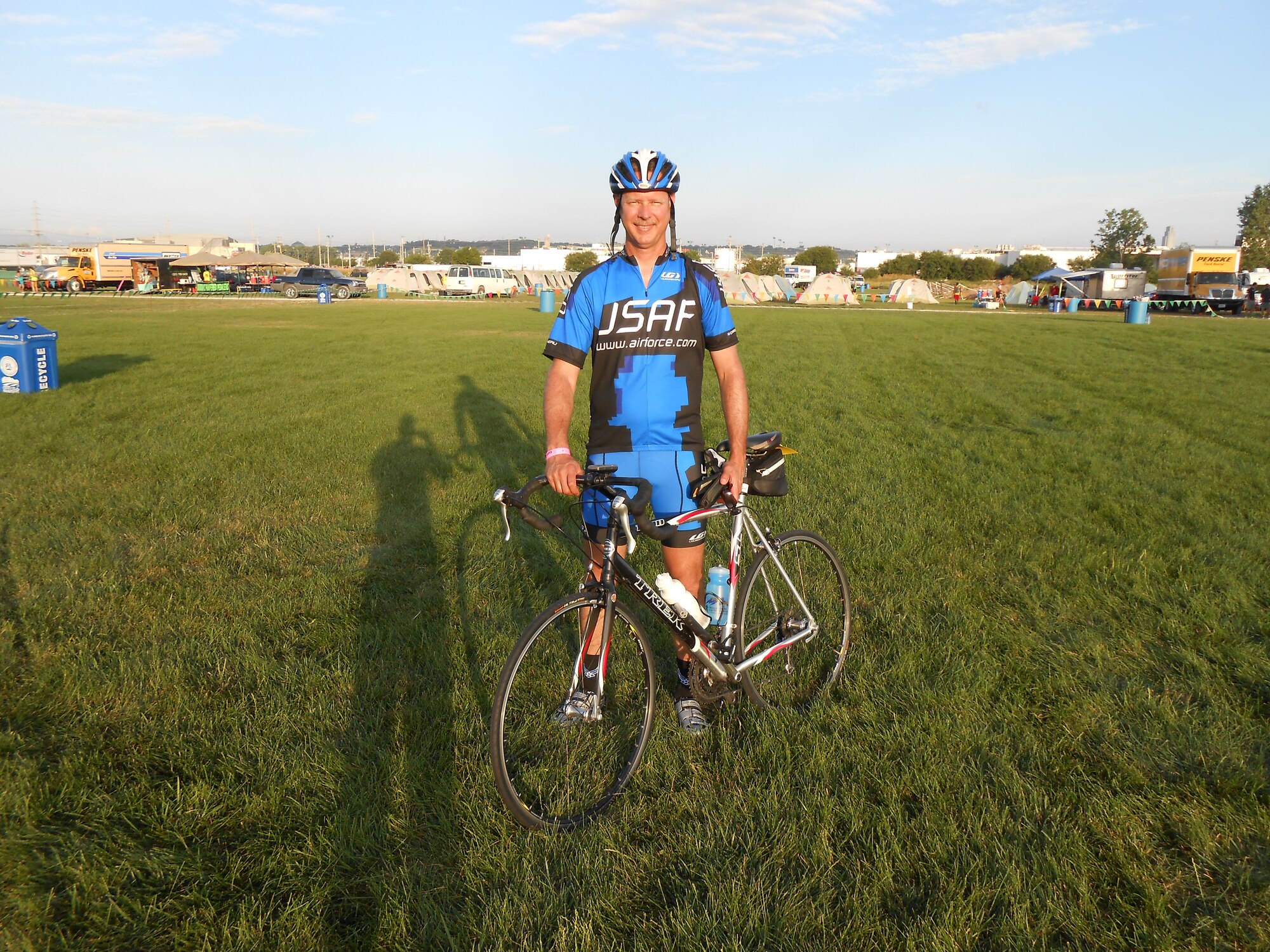Chief Master Sgt. Alan Onufrak, 460th Medical Group superintendent, prepares for his 408 mile trek across Iowa July 21, 2013.  Onufrak participated in the Registers Annual Great Bicycle Ride Across Iowa as part of the Air Force team for the second time in his career. (Courtesy Photo)