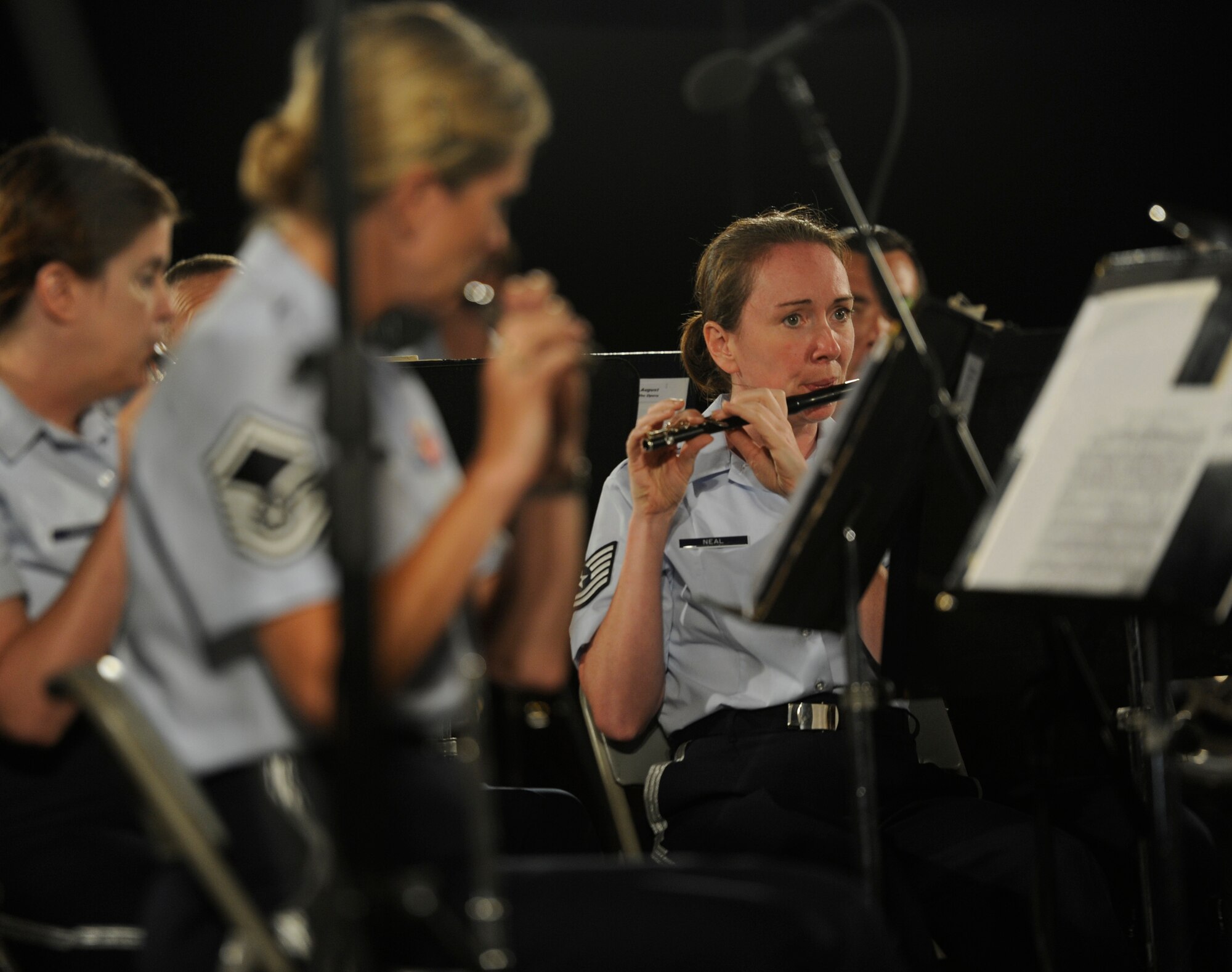 The United States Air Force Band’s flutist, Tech Sgt. Megan Neal, performs in Washington, D.C., Aug. 16, 2013. The free concert, “A Night at the Opera,” held at The Air Force Memorial, featured soloists and members of The USAF Concert Band the Singing Sergeants. (U.S. Air Force photo/Airman 1st Class Nesha Humes)