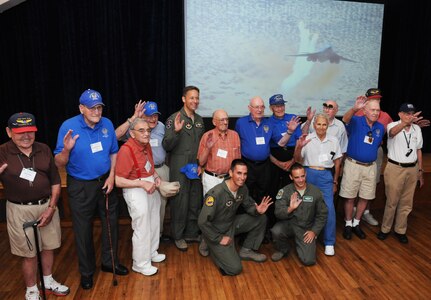 Members of the 381st Bomb Group (Heavy) Memorial Association conclude their visit
to Joint Base San Antonio-Randolph with a luncheon hosted by Col. Gerald Goodfellow,
12th Flying Training Wing commander, Aug. 9 at the Randolph Parr Club. (U.S. Air Force photo by Airman 1st Class Alexandria Slade)
