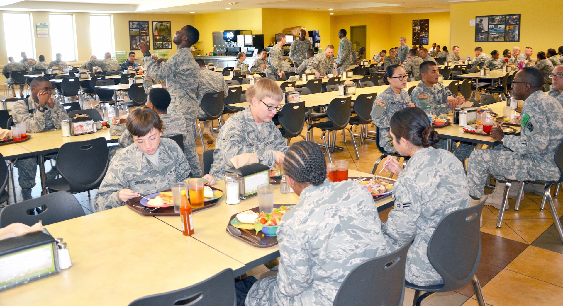 The Slagel Dining Facility takes up approximately 60,000 square feet over two floors and is built to serve 4,800 personnel in 90 minutes. It provides three meals daily to thousands of Soldiers, Sailors, Marines and Airmen attending training at the Medical Education and Training Campus. (Photo by Esther Garcia, U.S. Army Medical Department Center & School Public Affairs)