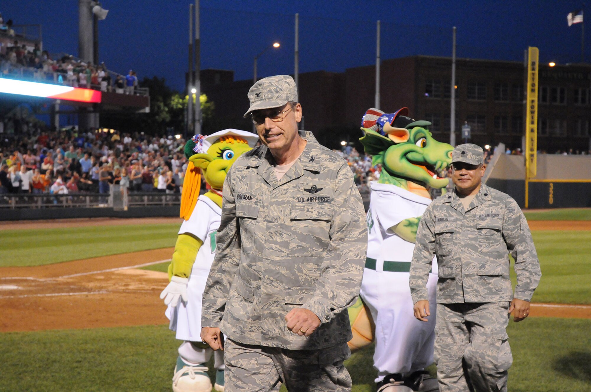 WRIGHT-PATTERSON AIR FORCE BASE, Ohio – Col. Stephen Goeman, 445th Airlift Wing commander, and Lt. Col. John Marang, 87th Aerial Port Squadron commander, were among nine 445th Airlift Wing reservists honored during the Aug. 17 Dayton Dragons Hometown Heroes Celebration Night. The professional baseball team based in Dayton, Ohio, dedicated their game that evening to local service men and women and their families from Wright-Patterson Air Force Base and Springfield Air National Guard Base to thank them for their support to the community. (Courtesy photo)