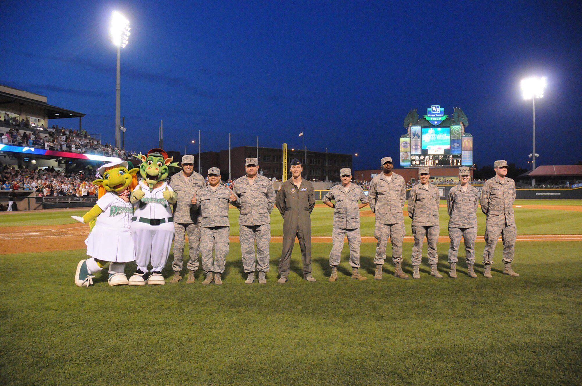 WRIGHT-PATTERSON AIR FORCE BASE, Ohio – Nine 445th Airlift Wing reservists were honored Aug. 17 during the Dayton Dragons Hometown Heroes Celebration Night. The professional baseball team based in Dayton, Ohio, dedicated their game that evening to local service men and women and their families from Wright-Patterson Air Force Base and Springfield Air National Guard Base to thank them for their support to the community. (Courtesy photo)