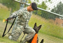 Staff Sgt. Christopher Averill, 5th Security Forces Squadron military working dog handler, engages a suspect in a mock combat zone during the 2013 North Dakota Peace Officer Association K-9 Police Trials at Minot AFB, N.D., Aug. 14, 2013. The event showcased 12 K-9 teams from military bases and law enforcement agencies across the state. The teams competed in various field exercises including narcotics and explosives detection, and a dog rescue scenario called the Iron Dog Rescue Course. (U.S. Air Force photo/Senior Airman Brittany Y. Auld)