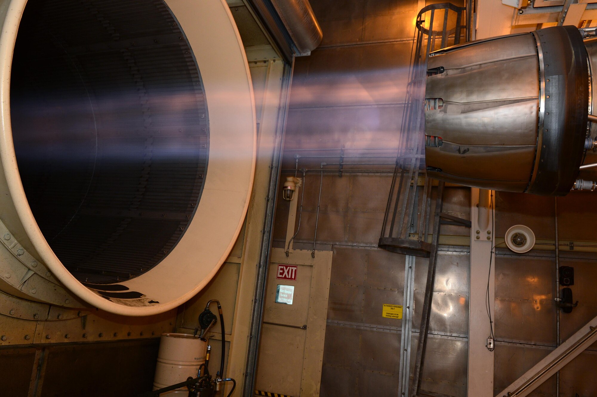 SPANGDAHLEM AIR BASE, Germany – An engine from an F-16 Fighting Falcon fighter aircraft is test fired at full augmentation Aug. 21, 2013. Stress tests are performed on F-16 engines to ensure that when it is installed in the aircraft it can handle various mach levels during flight. The F110-100 engine is capable of producing 29,000 pounds of thrust. (U.S. Air Force photo by Airman 1st Class Kyle Gese/Released)