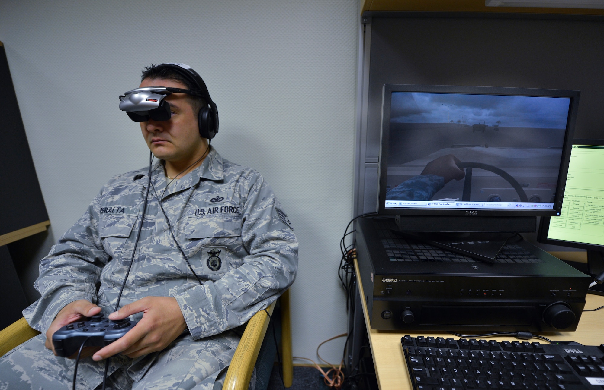Staff Sgt. Louie Peralta, 86th Security Forces Squadron operations controller, utilizes a virtual reality trainer, Aug. 8, 2013, Ramstein Air Base, Germany. The 86th Medical Group offers virtual reality therapy in conjunction with traditional therapy to treat post-traumatic stress disorder. (U.S. Air Force photo/Airman 1st Class Jordan Castelan)