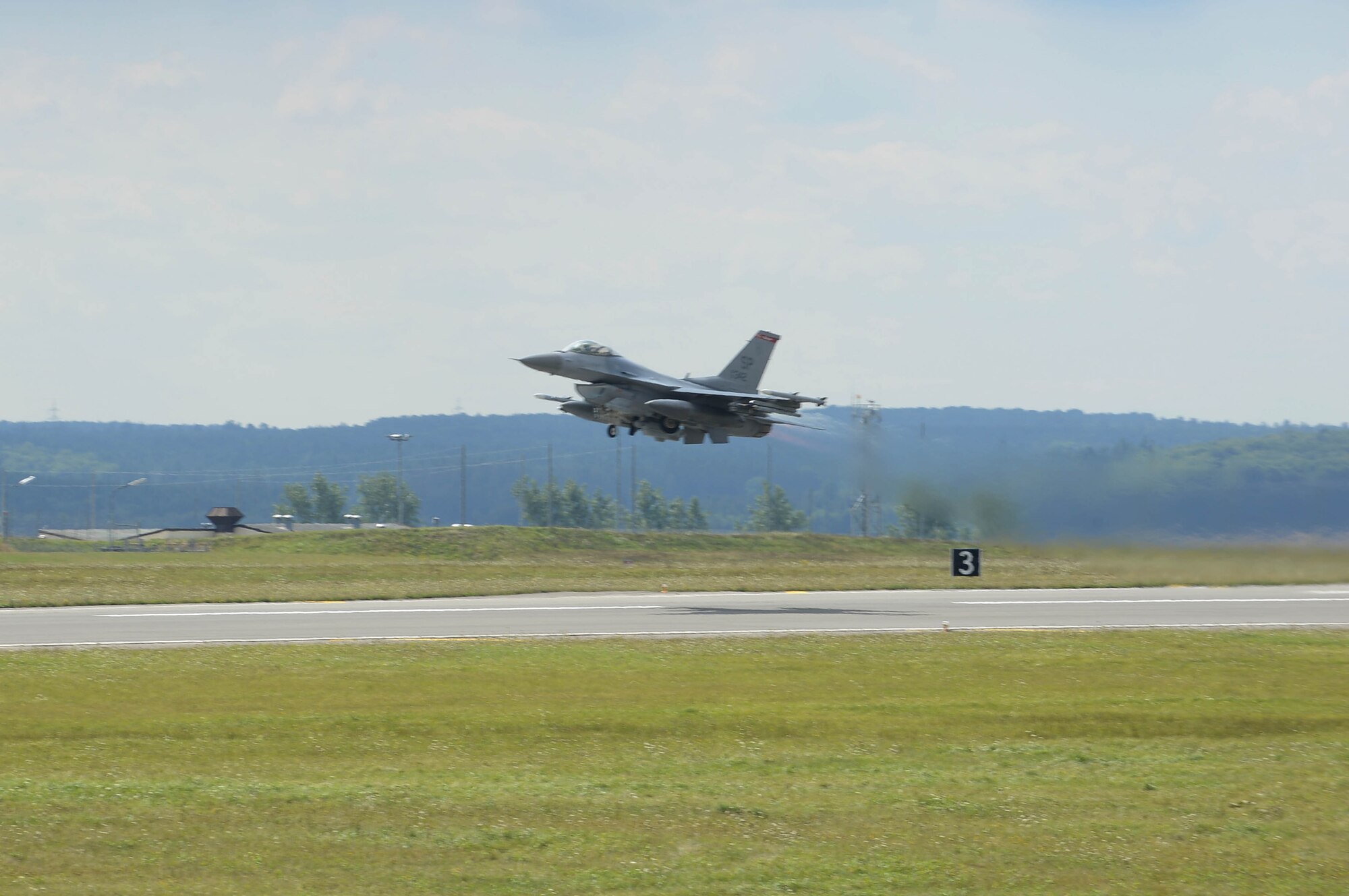 SPANGDAHLEM AIR BASE, Germany – A U.S. Air Force F-16 Fighting Falcon fighter aircraft from the 480th Fighter Squadron takes-off here Aug. 20, 2013. The 480th resumed its flying program this summer after the program was halted for combat flying squadrons Air Force-wide due to budget reductions driven by sequestration. (U.S. Air Force photo by Senior Airman Natasha Stannard/Released)