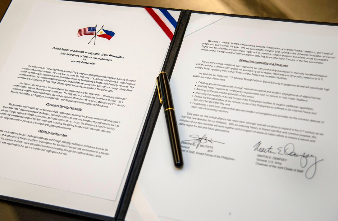 The security cooperation document remains on the table after U.S. Army Gen. Martin E. Dempsey, chairman of the Joint Chiefs of Staff, and Philippines Chief of Staff Gen. Emmanuel Bautista, signed the document at the Pentagon, Aug. 22, 2013.